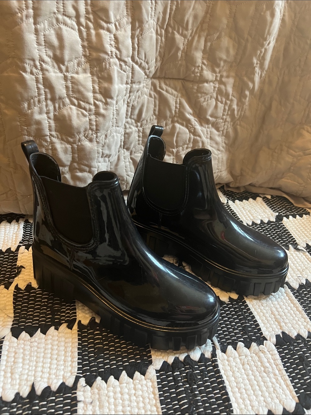 Glossy Black Chelsea Rain Boots for Women